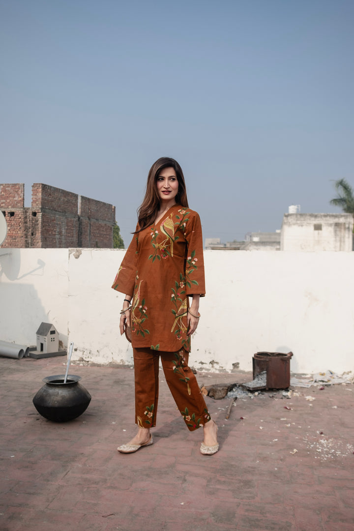 Brown Bird Cotton Co-ord Set