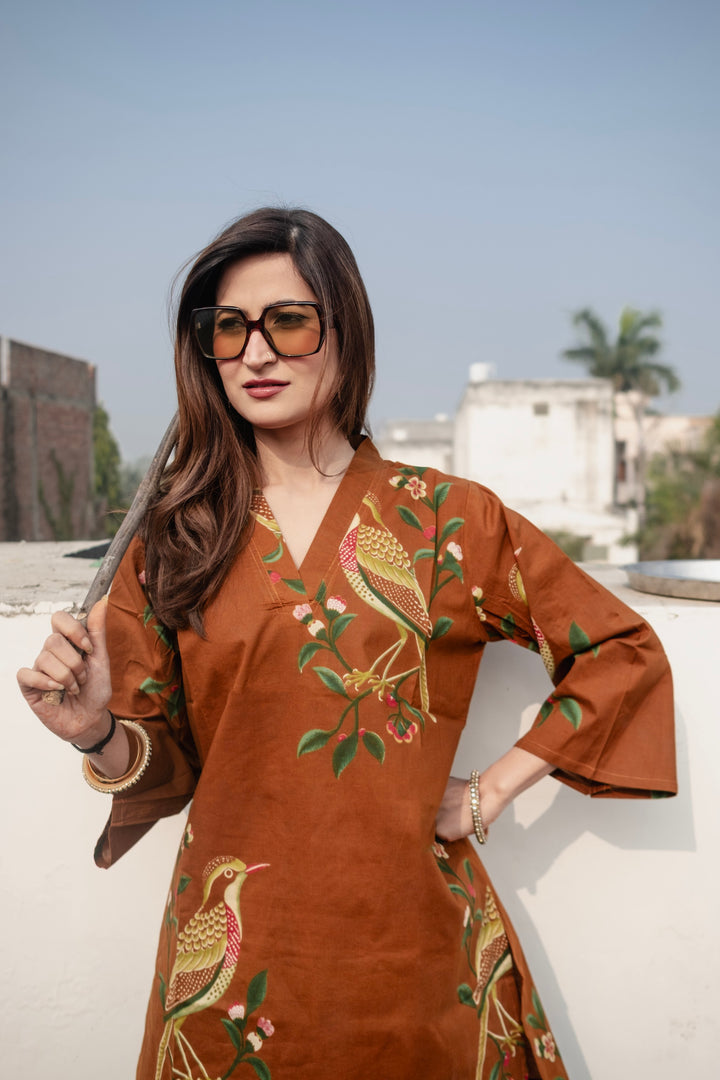 Brown Bird Cotton Co-ord Set