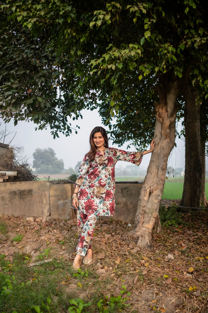 Red White Floral Cotton Co-ord Set