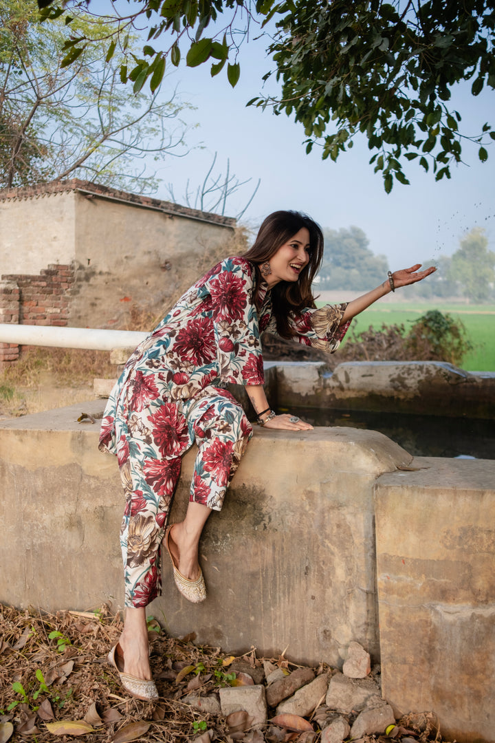 Red White Floral Cotton Co-ord Set