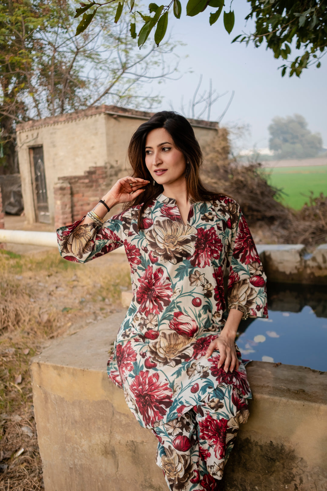 Red White Floral Cotton Co-ord Set