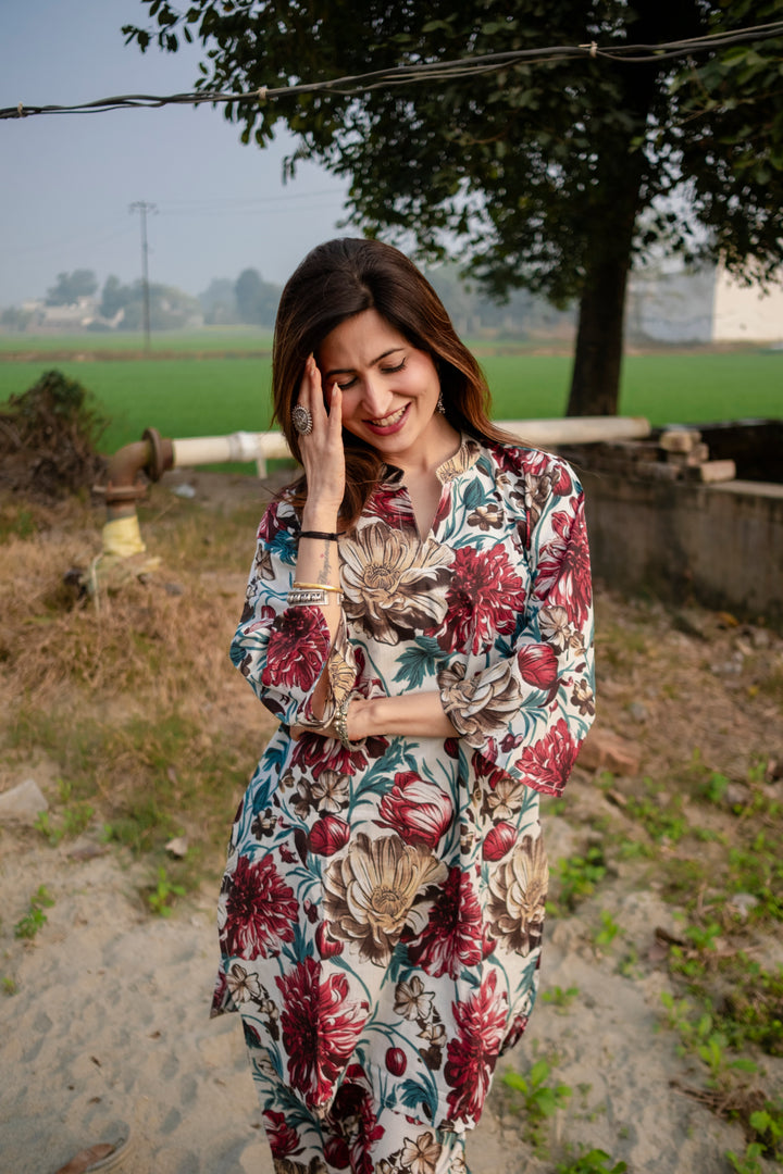 Red White Floral Cotton Co-ord Set