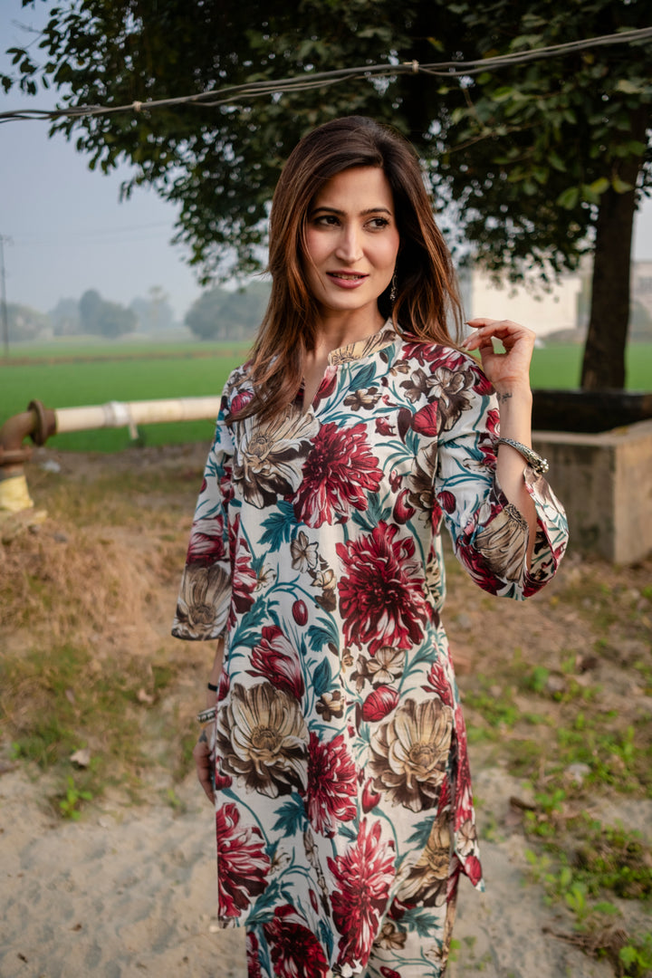 Red White Floral Cotton Co-ord Set