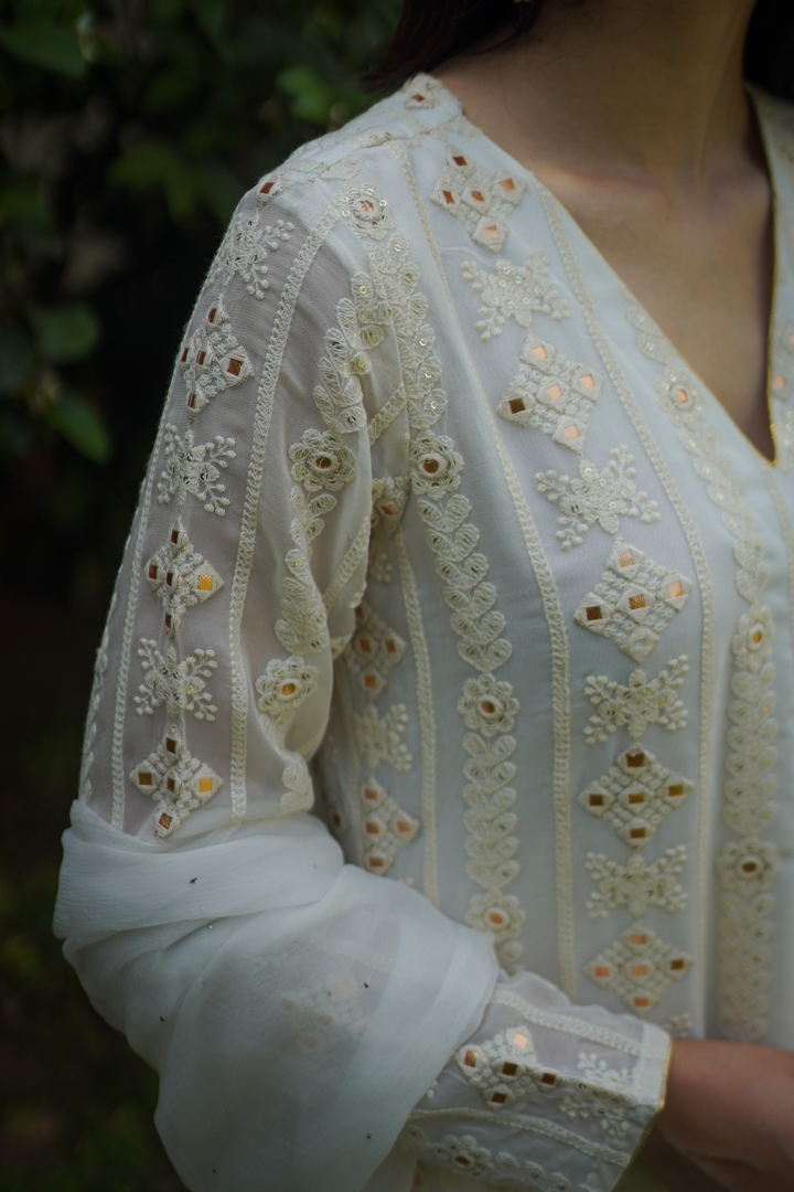 White A-line Chikankari Set