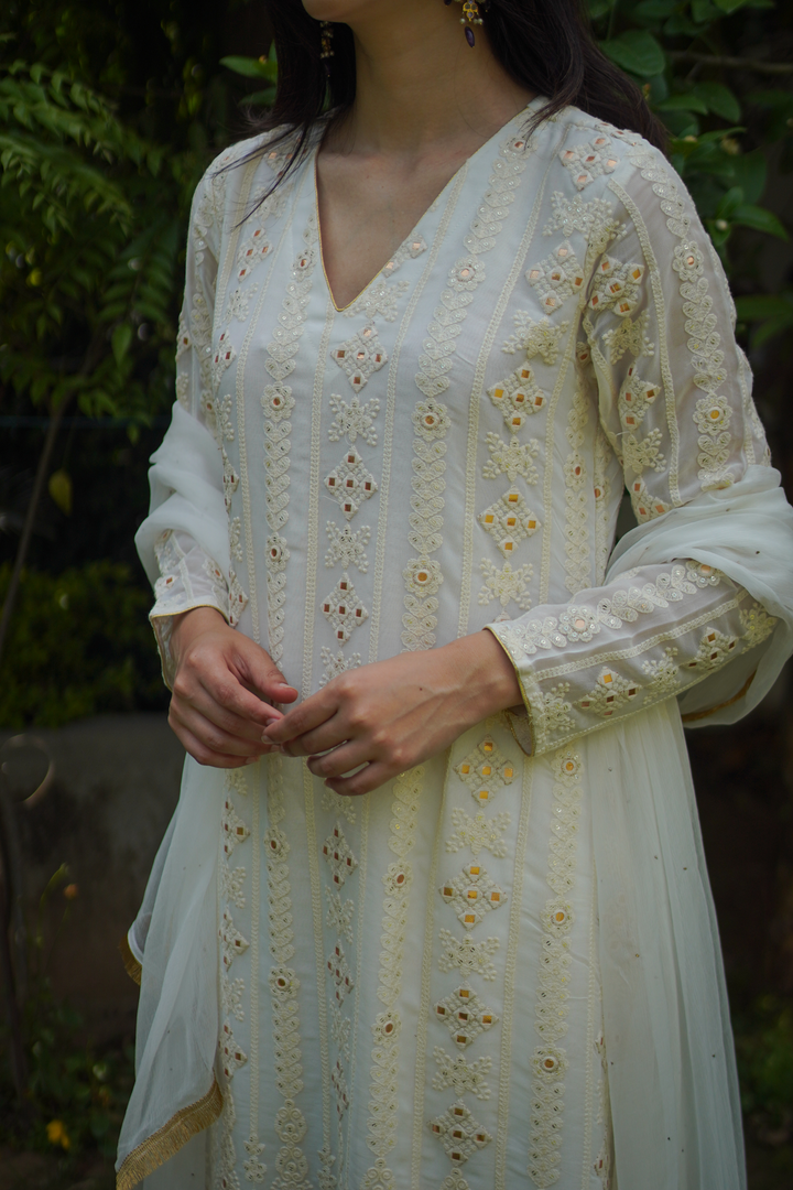 White A-line Chikankari Set