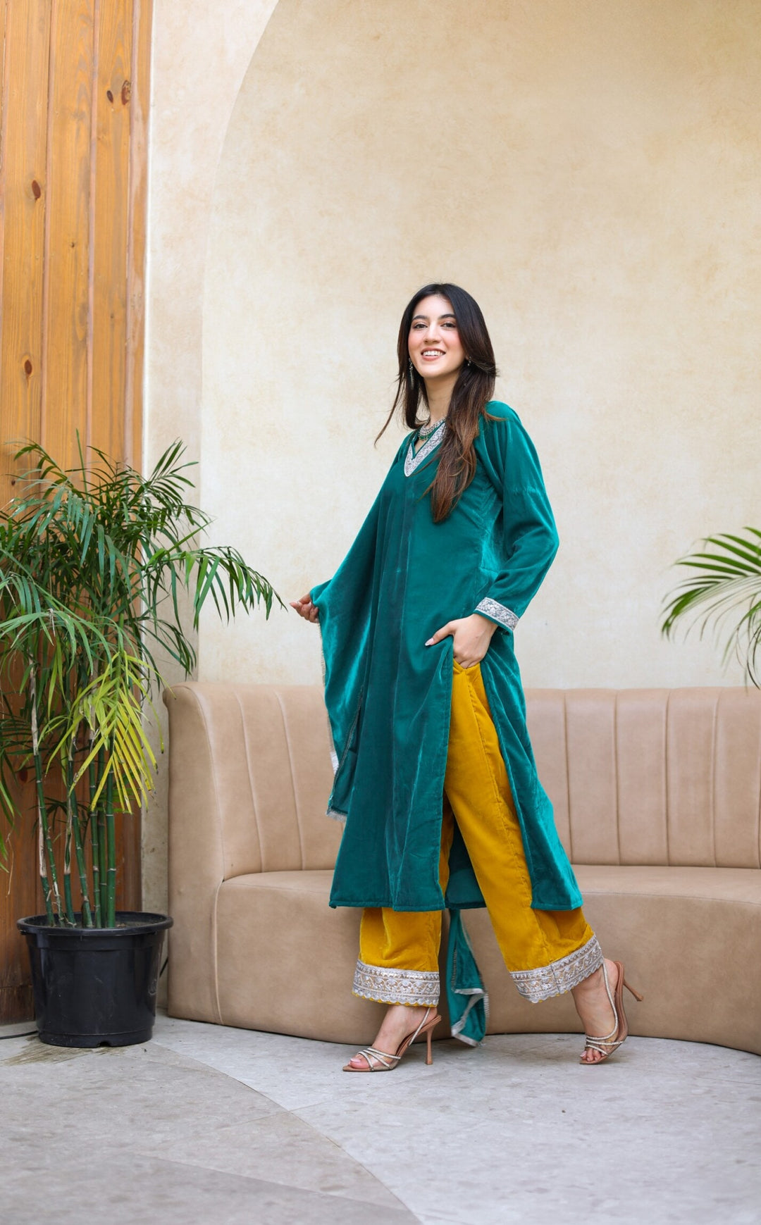 Turquoise Yellow Velvet Suit Set – DIMPLE DESIGN STUDIO