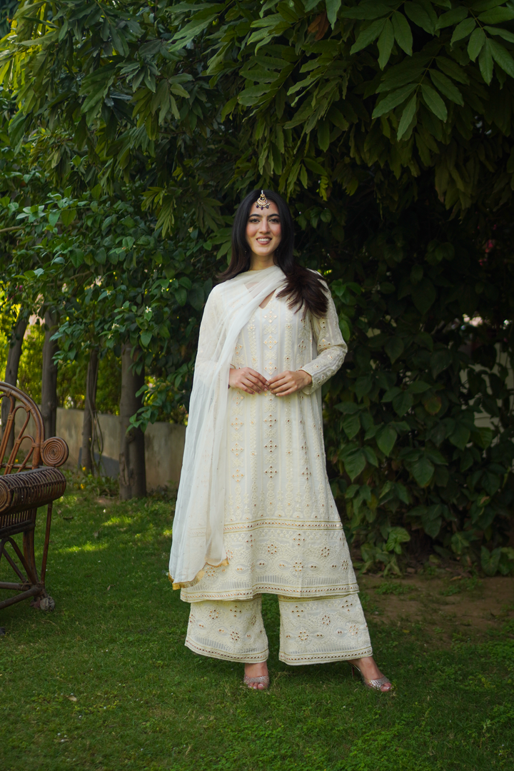 White A-line Chikankari Set