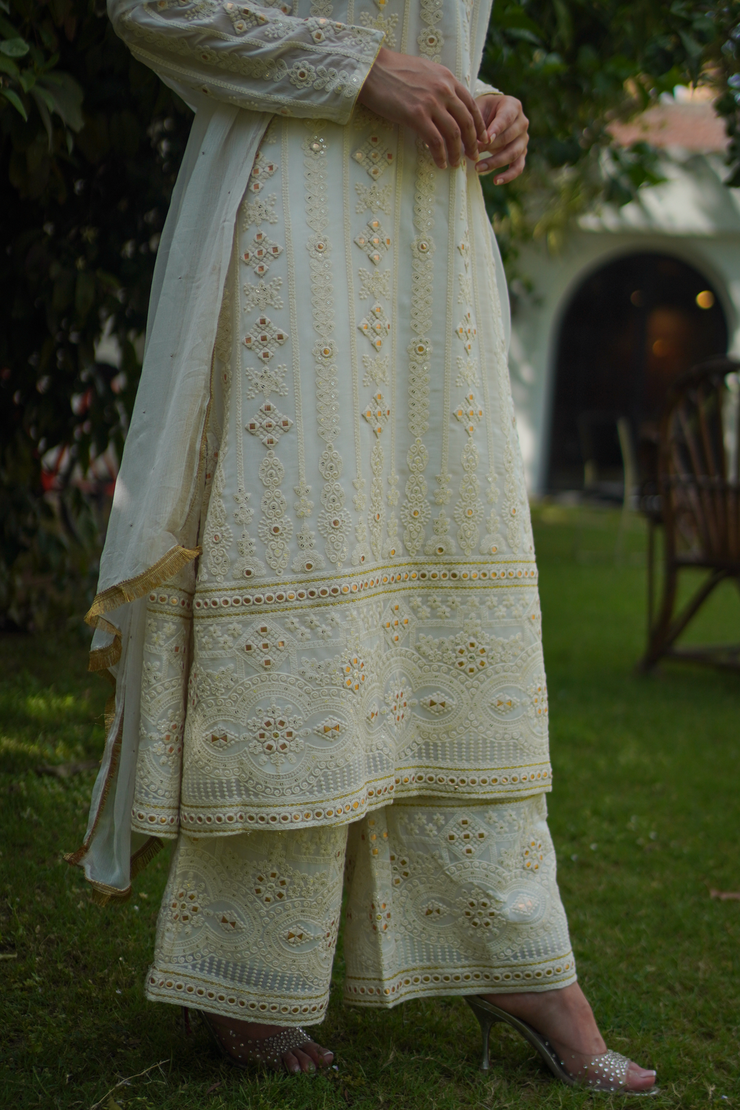 White A-line Chikankari Set