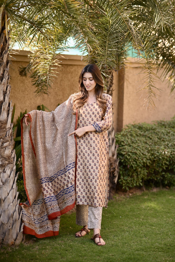 Beige Chanderi Suit Set