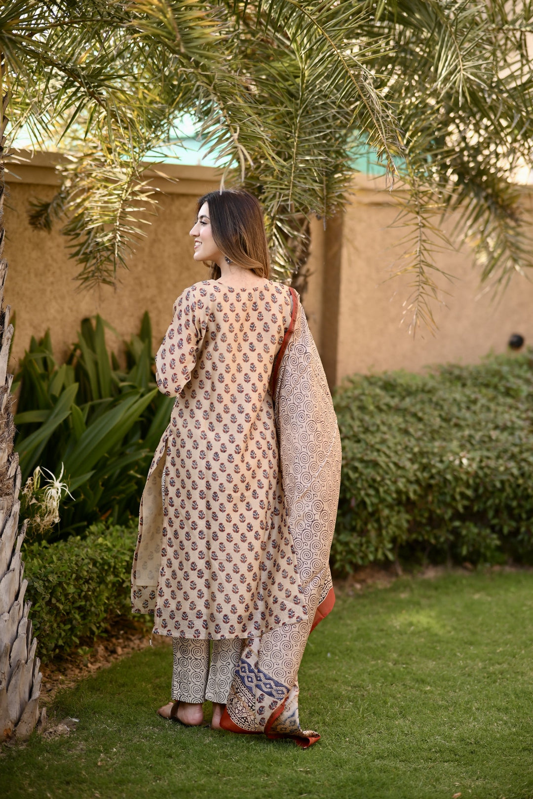 Beige Chanderi Suit Set