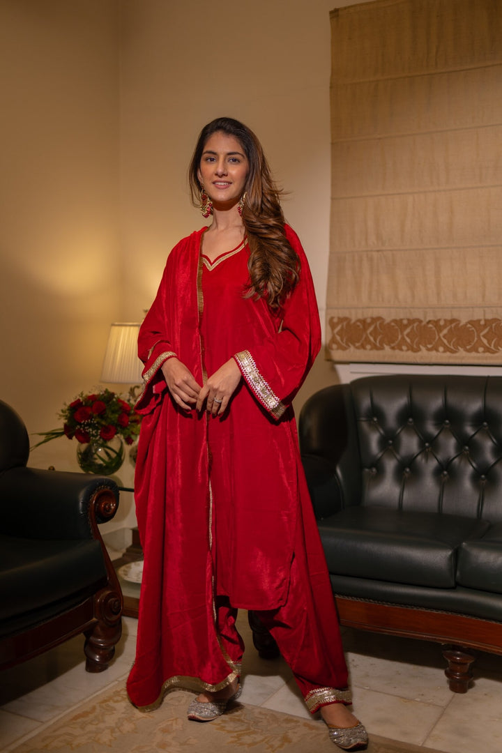 Indian Red Velvet Suit Set