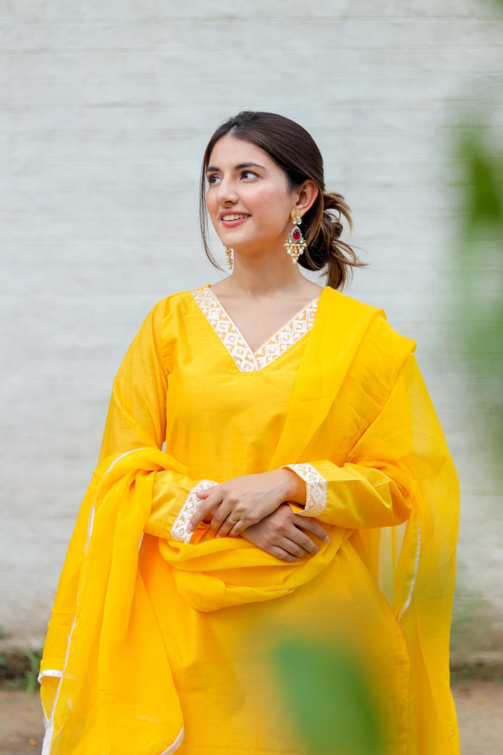 Yellow Sequins Chanderi Suit Set