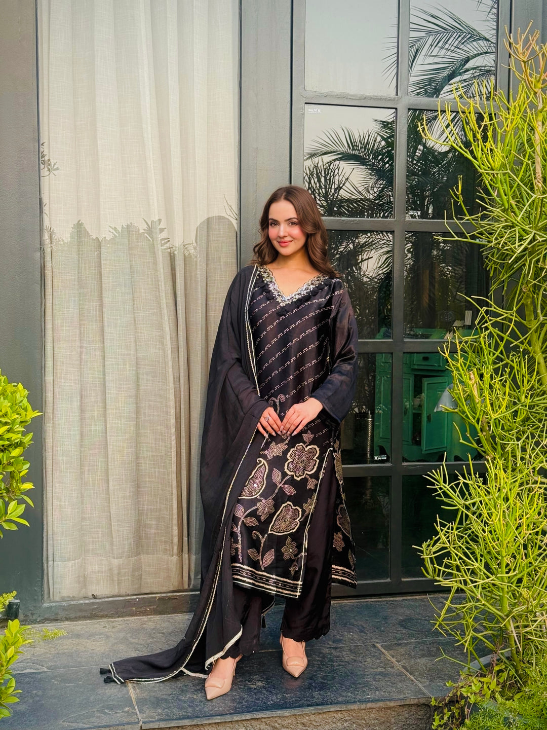 Areeba Black Satin Suit Set