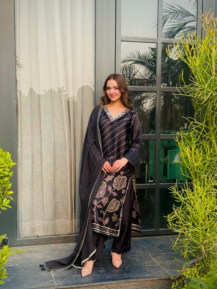 Areeba Black Satin Suit Set