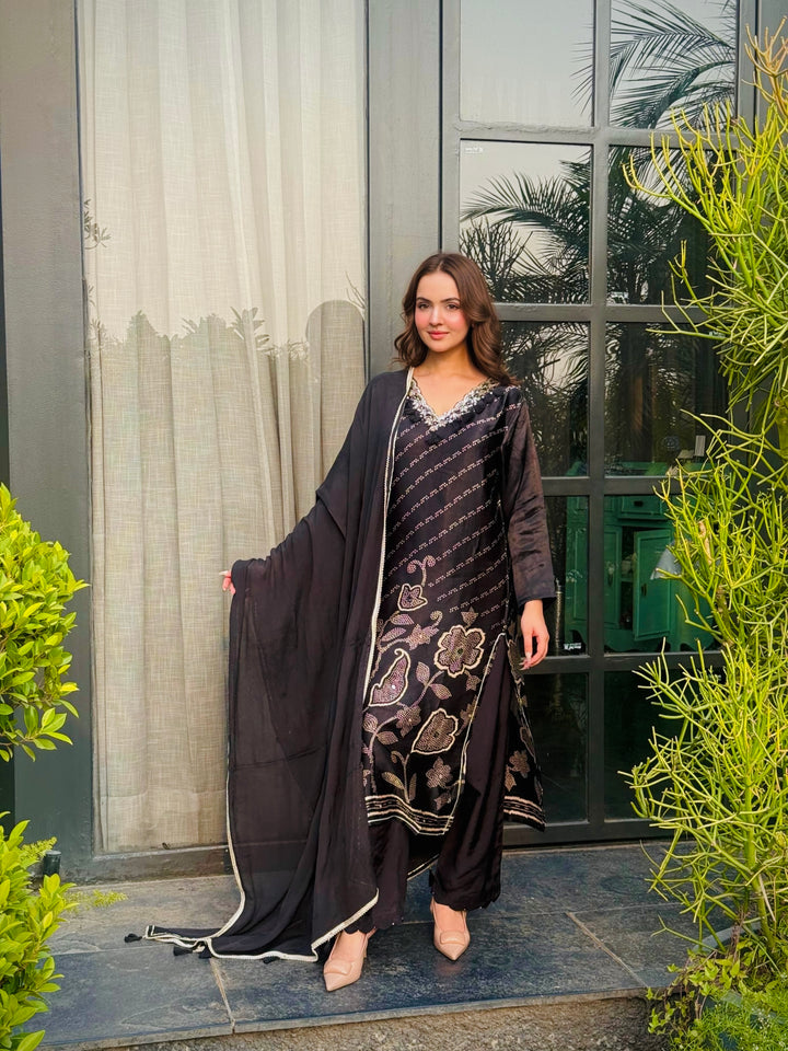 Areeba Black Satin Suit Set