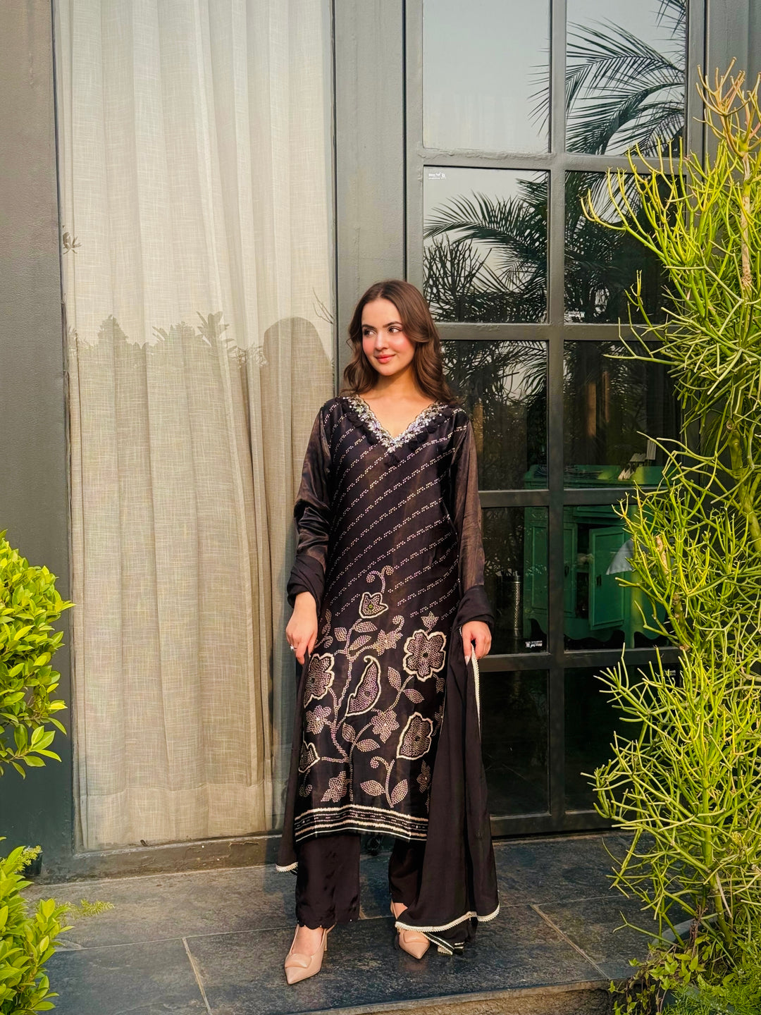 Areeba Black Satin Suit Set