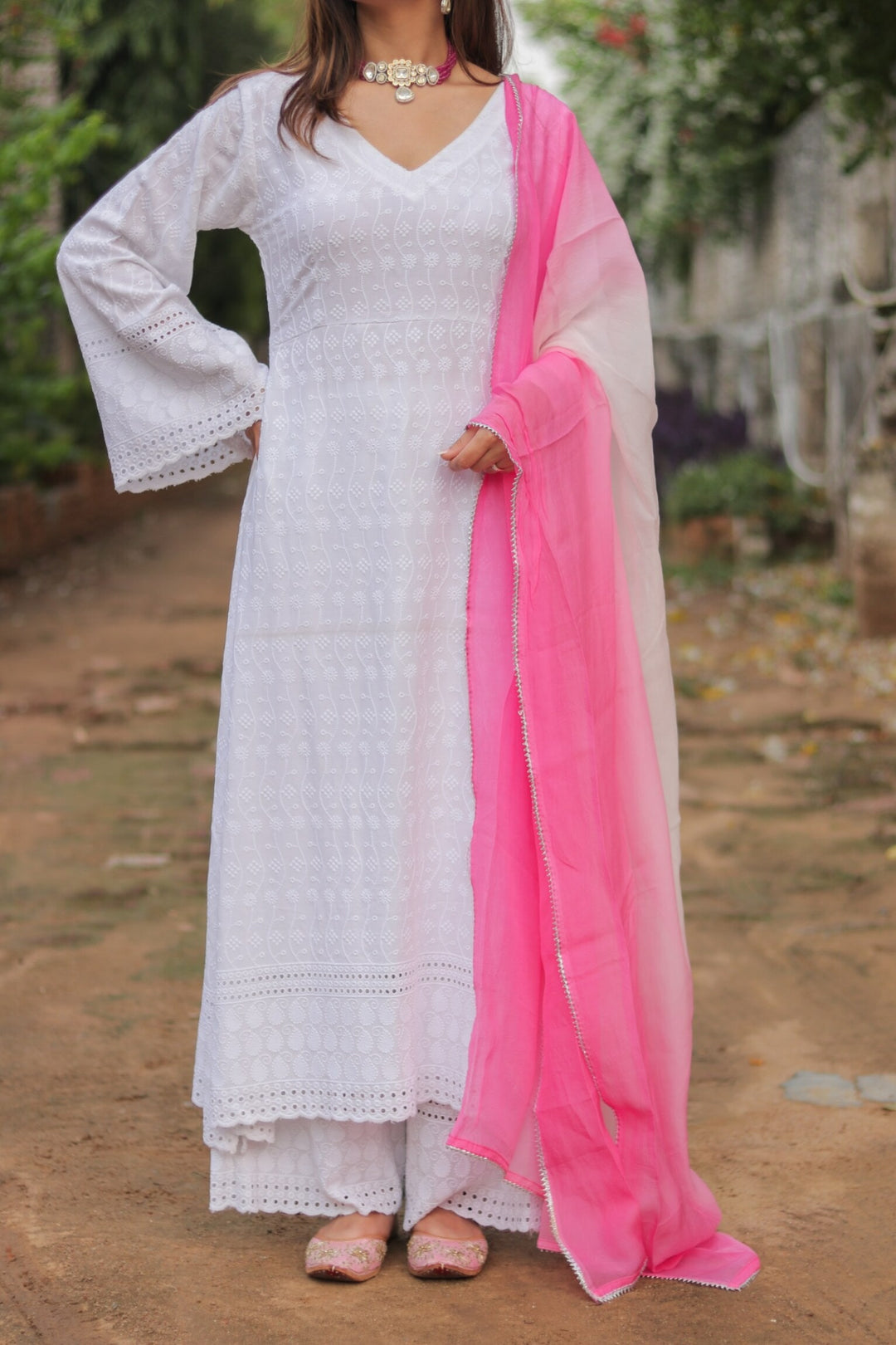 White Lucknawi Chikankari Suit Set