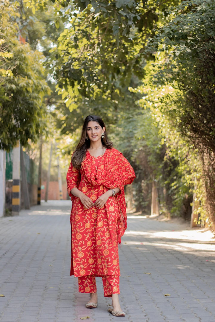 Unstitched - Red Orange Floral Suit Set