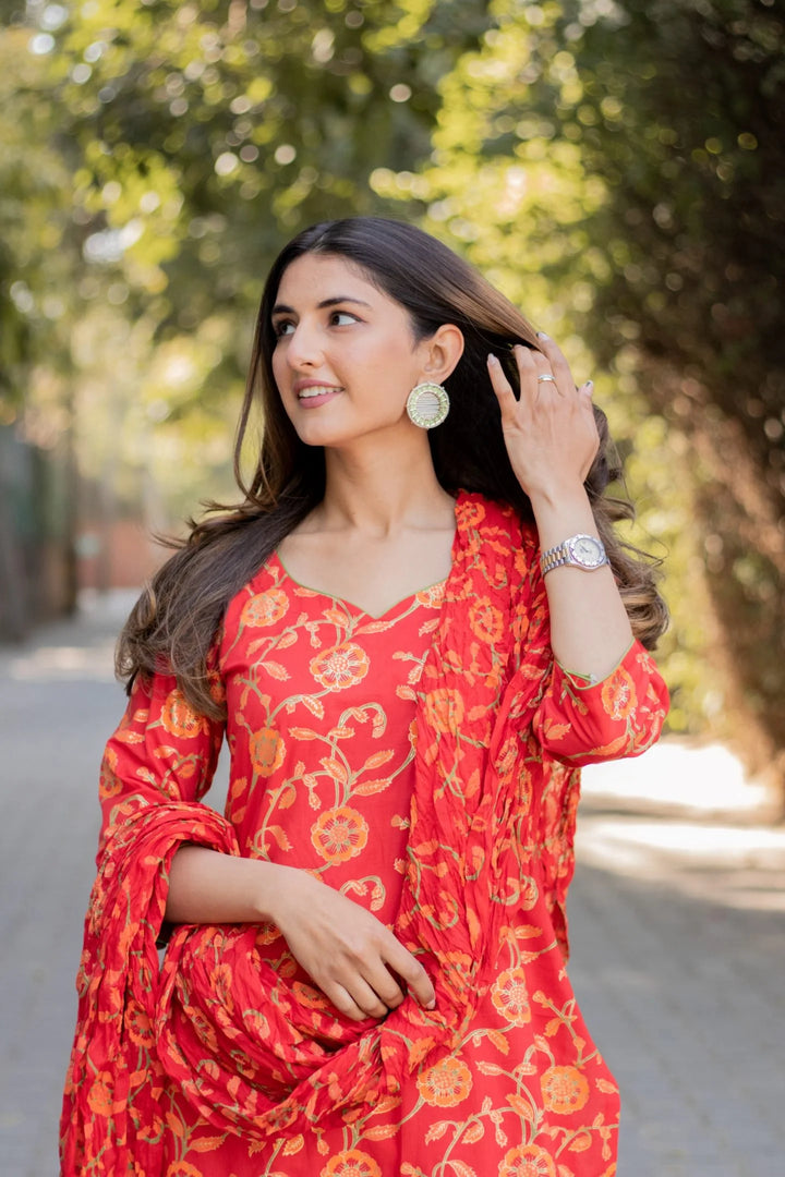 Unstitched - Red Orange Floral Suit Set