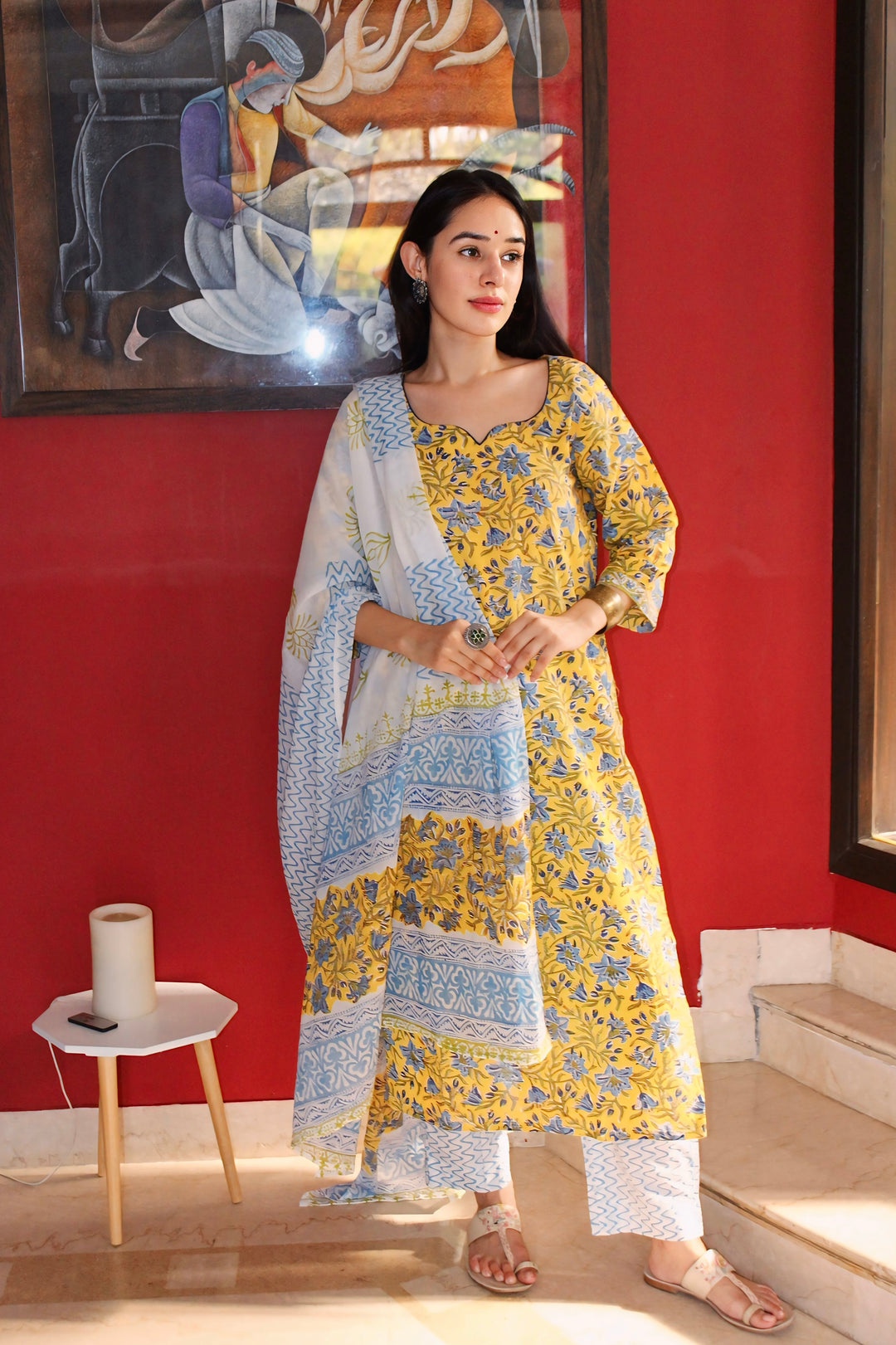 Yellow Handblock Cotton Suit Set