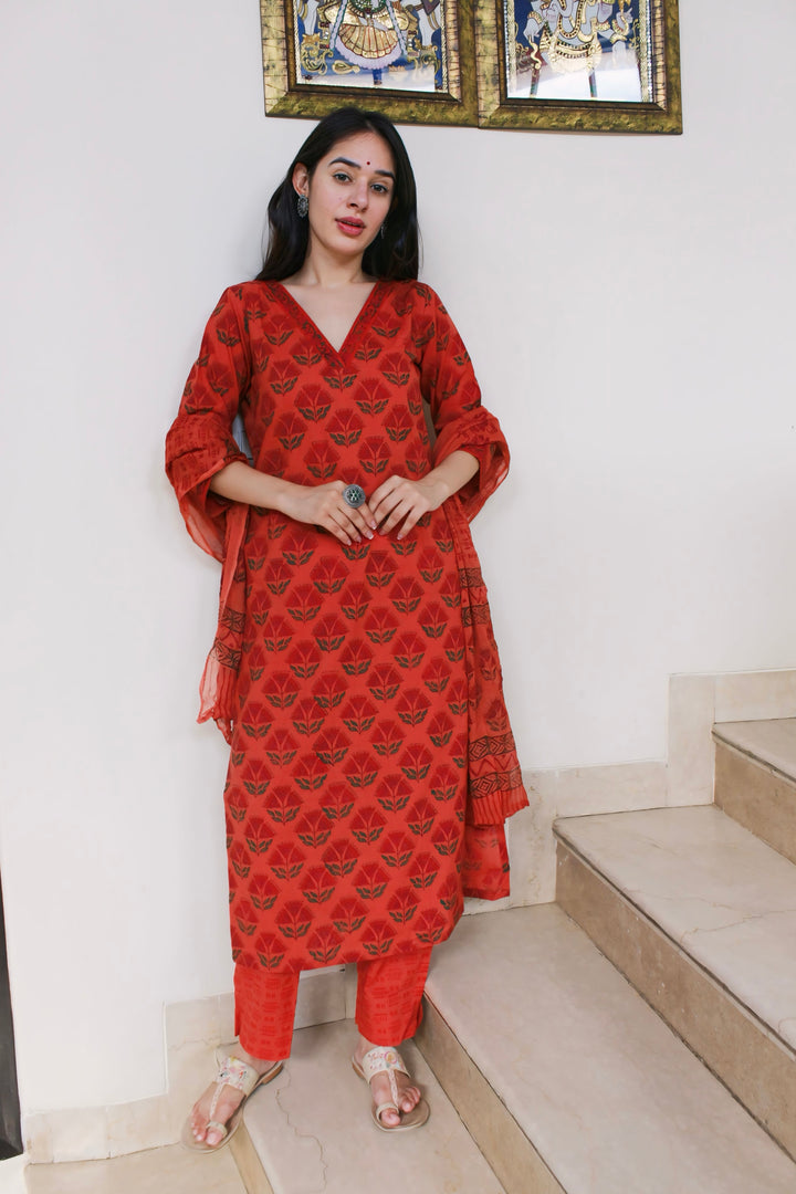 Rust Red Floral Cotton Suit Set