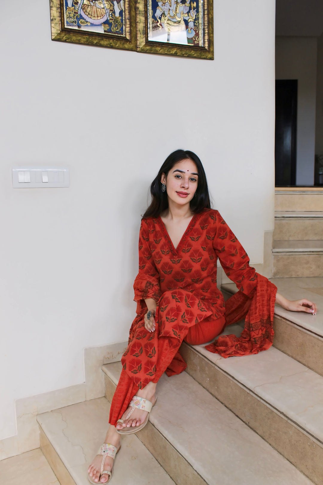 Rust Red Floral Cotton Suit Set