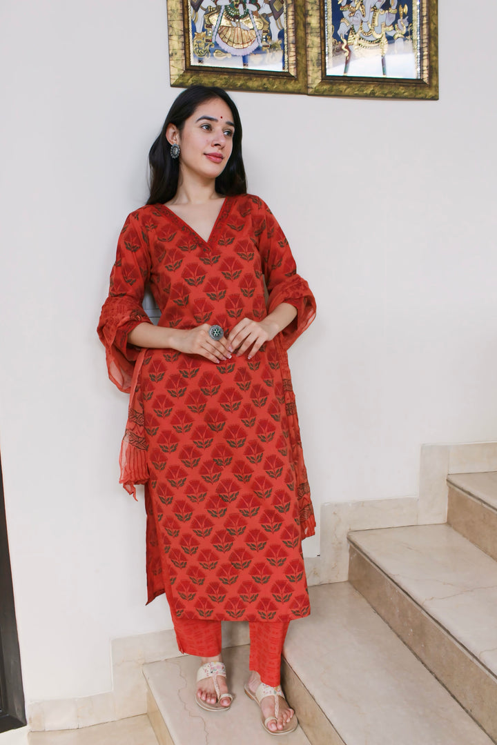 Rust Red Floral Cotton Suit Set