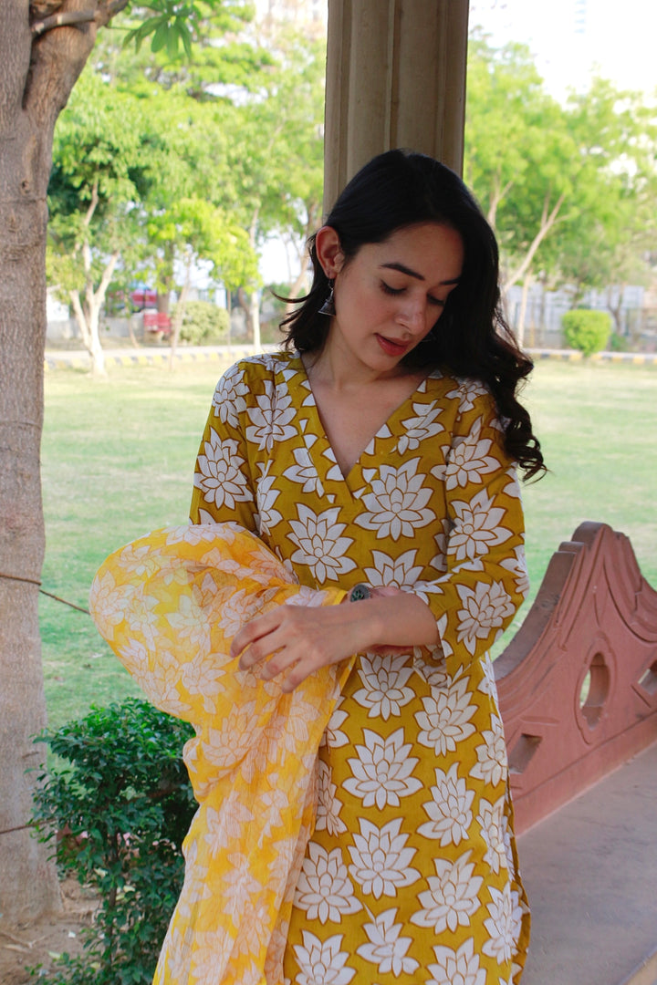 Yellow Lotus Cotton Suit Set