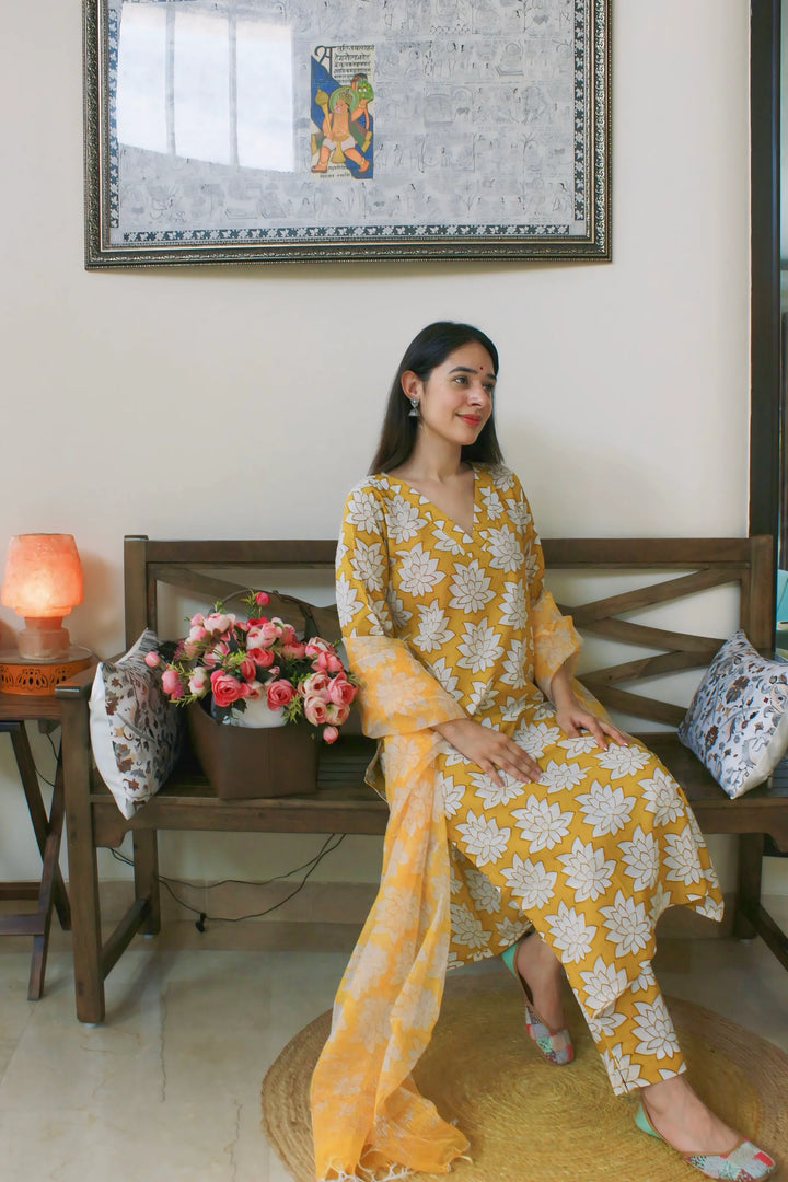 Unstitched - Yellow Lotus Cotton Suit Set