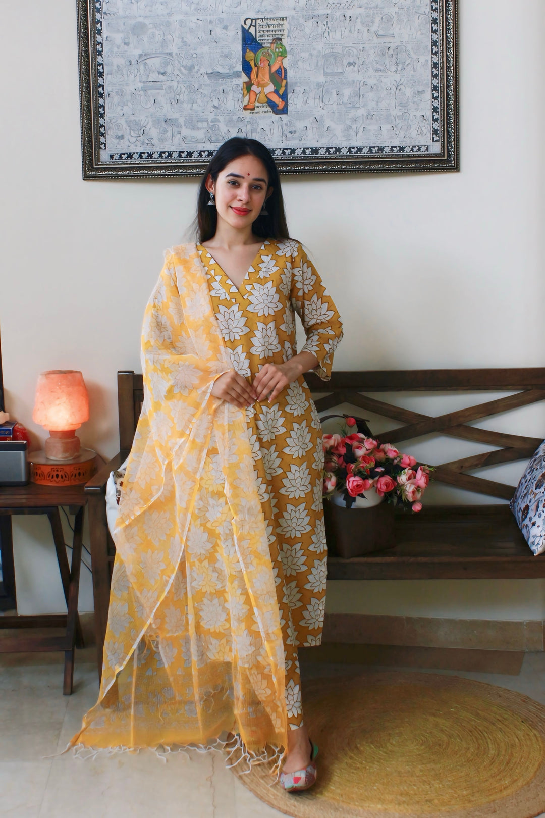 Yellow Lotus Cotton Suit Set