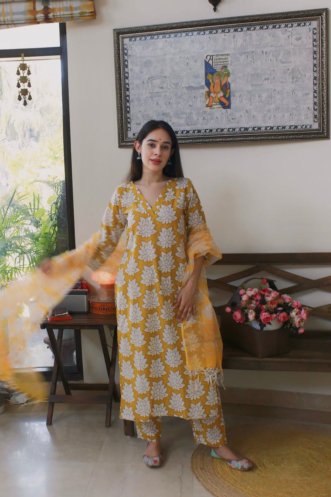 Yellow Lotus Cotton Suit Set