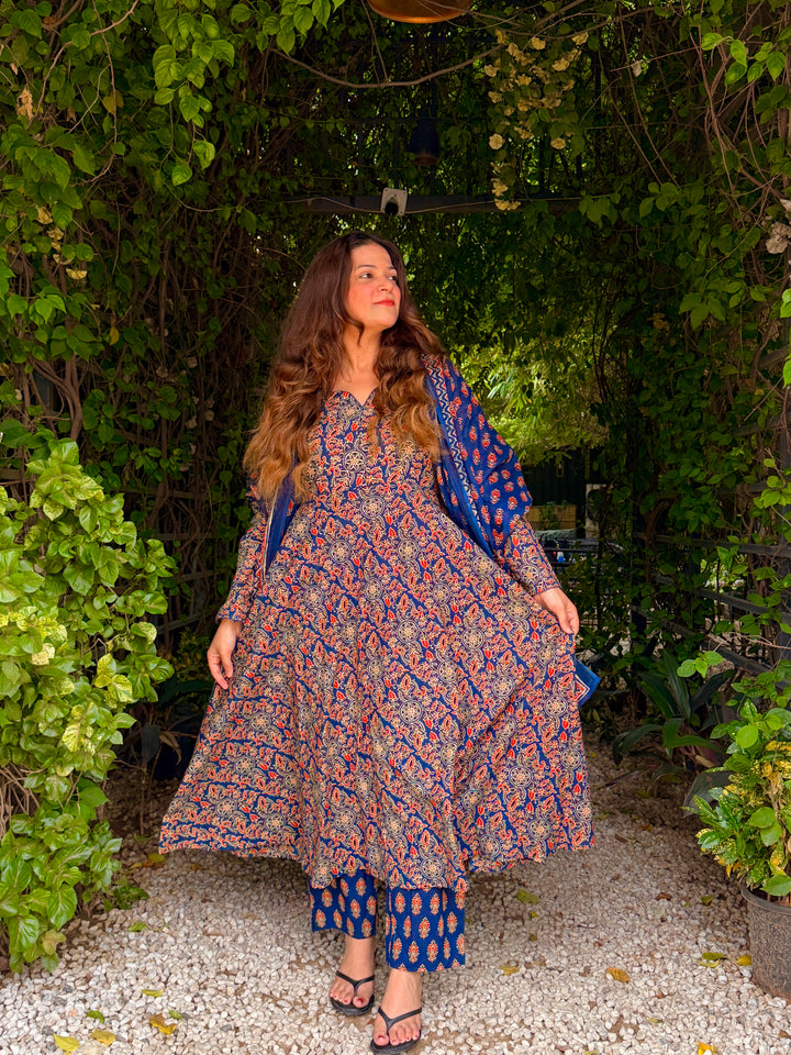 Maharani Blue Ajrakh Anarkali Set