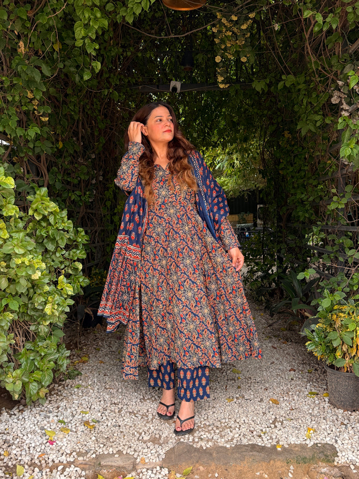 Maharani Blue Ajrakh Anarkali Set
