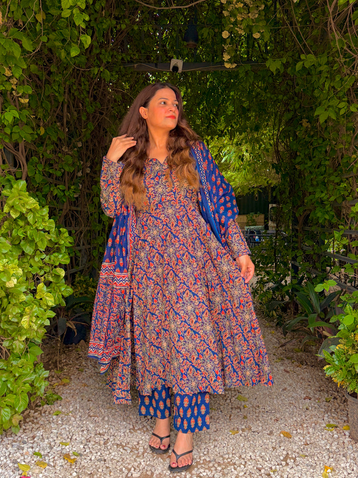 Maharani Blue Ajrakh Anarkali Set