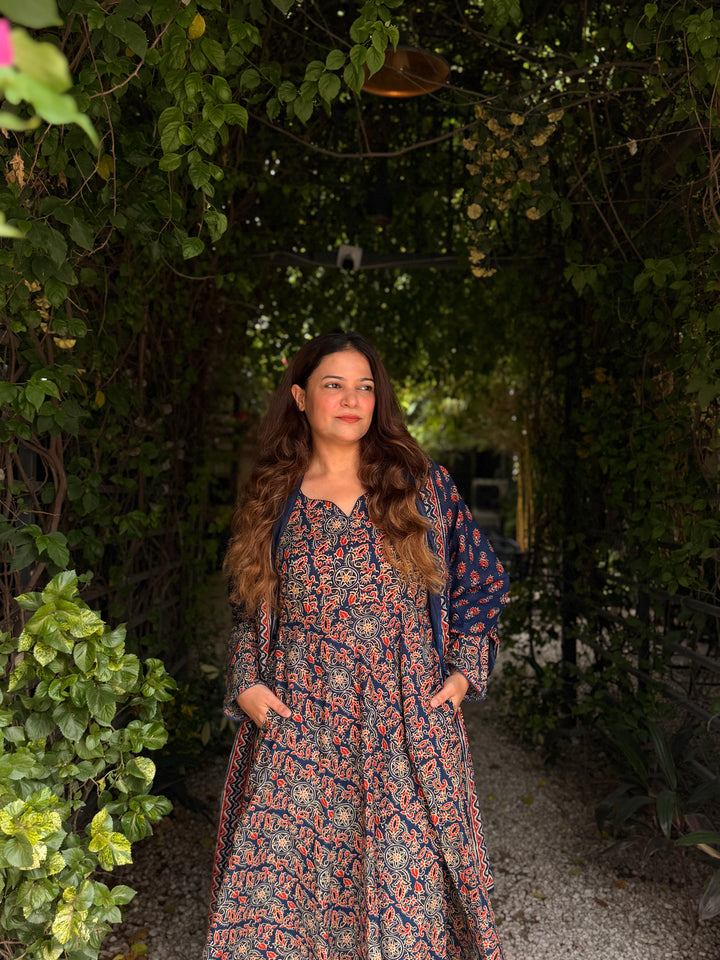 Maharani Blue Ajrakh Anarkali Set