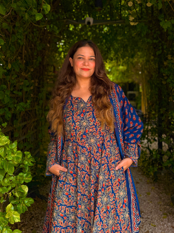 Maharani Blue Ajrakh Anarkali Set