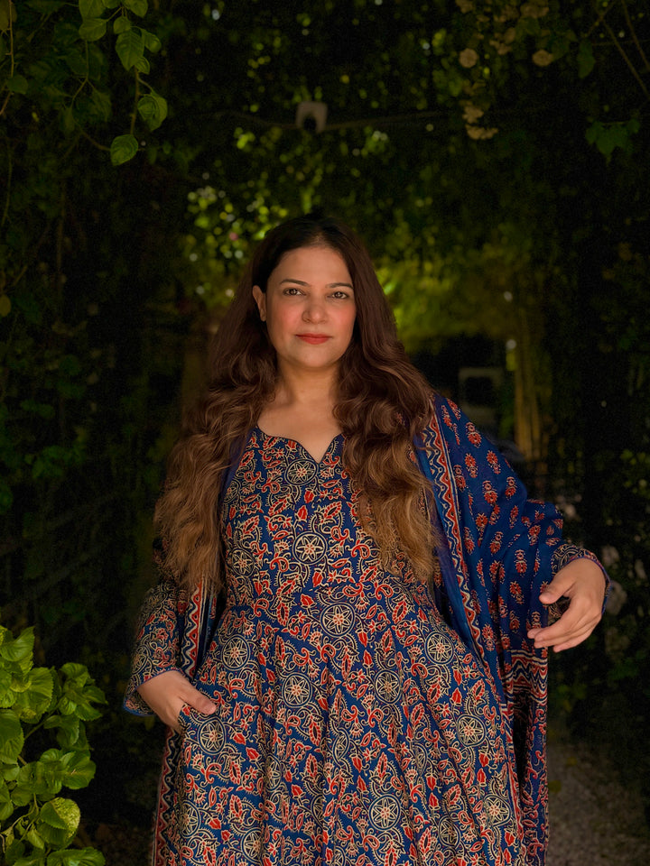 Maharani Blue Ajrakh Anarkali Set