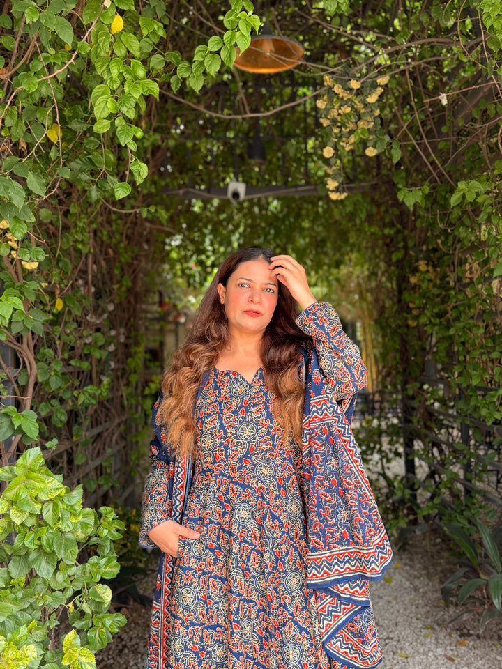 Maharani Blue Ajrakh Anarkali Set
