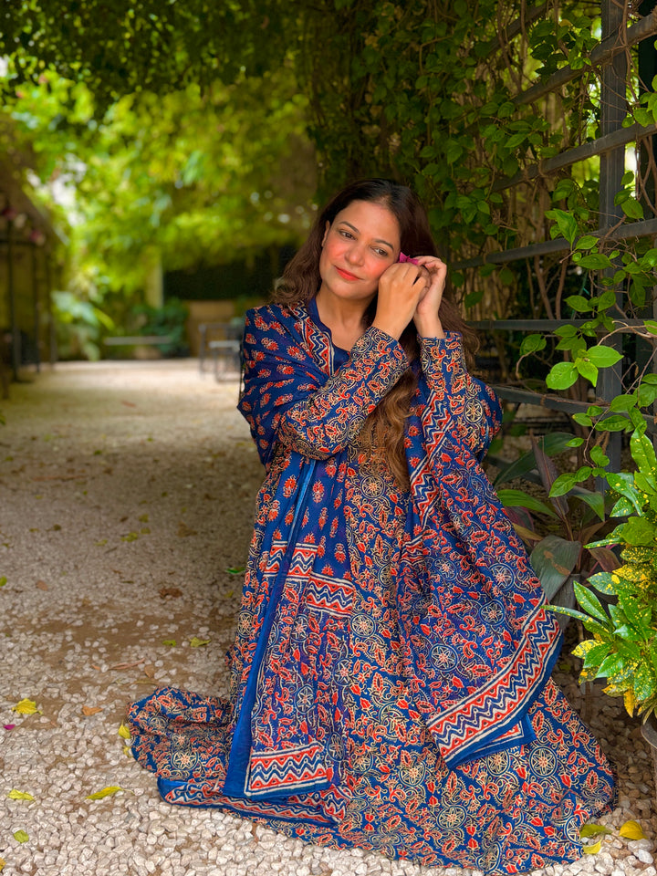 Maharani Blue Ajrakh Anarkali Set