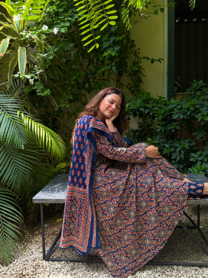 Maharani Blue Ajrakh Anarkali Set