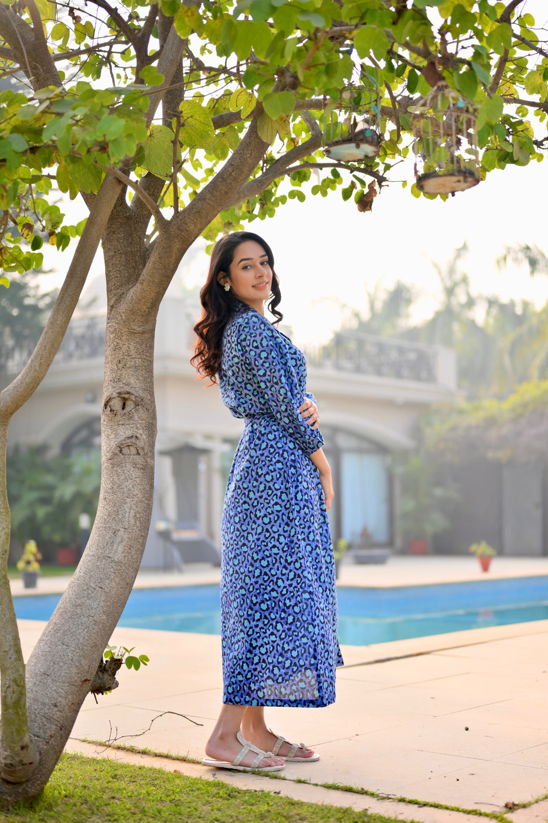 Blue Leopard Cotton Shirt Dress