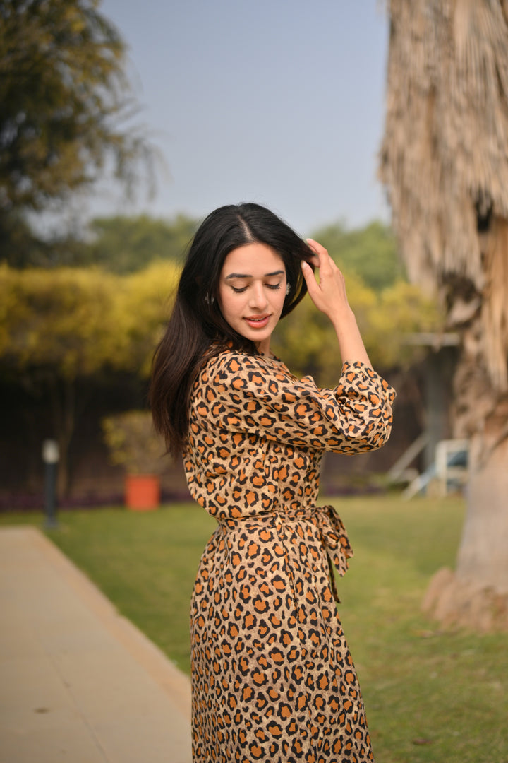 Beige Leopard Cotton Shirt Dress