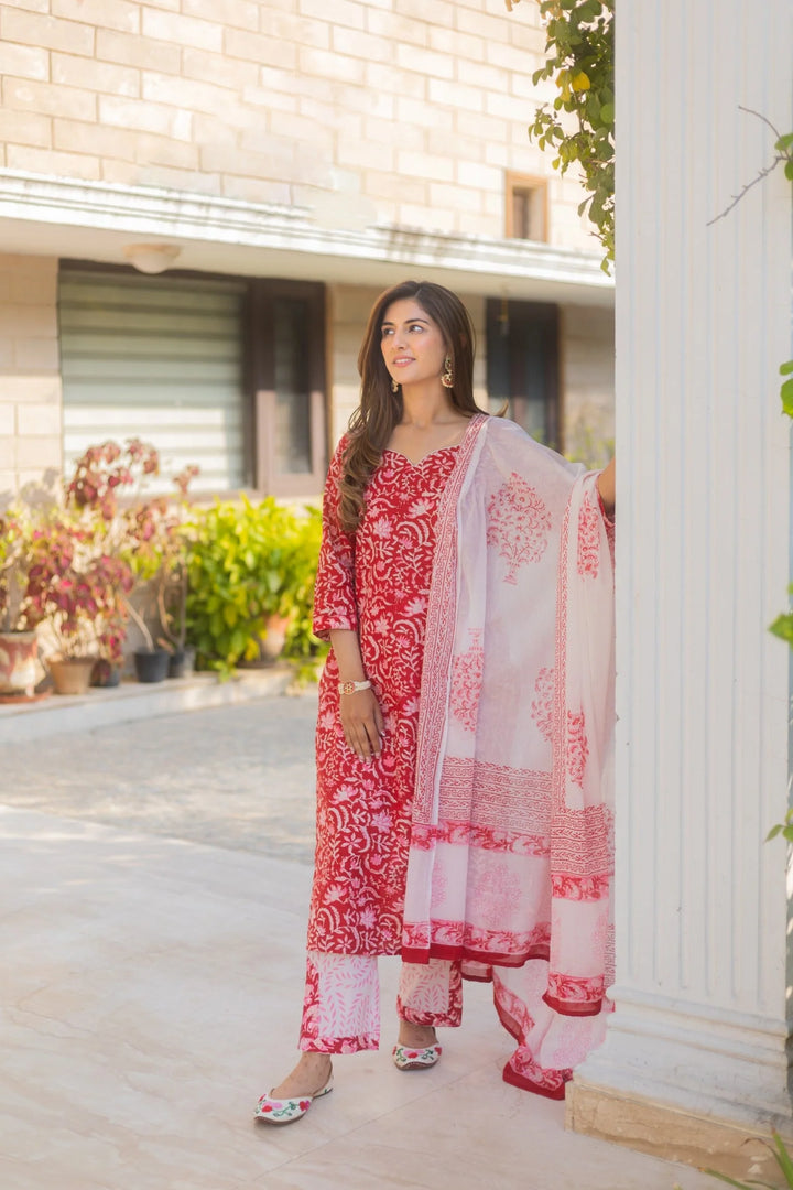 Unstitched - Rose Red Cotton Straight Set