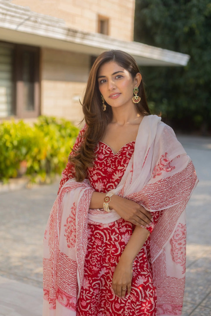 Unstitched - Rose Red Cotton Straight Set