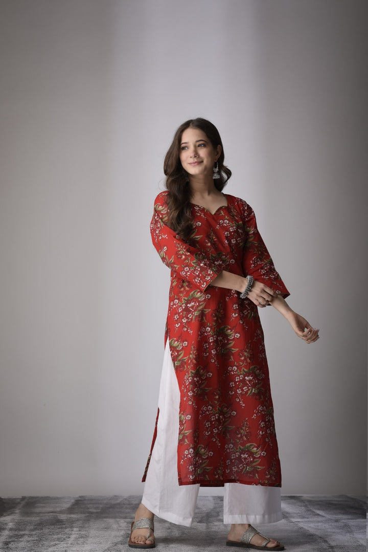 Dark Red Floral Kurta