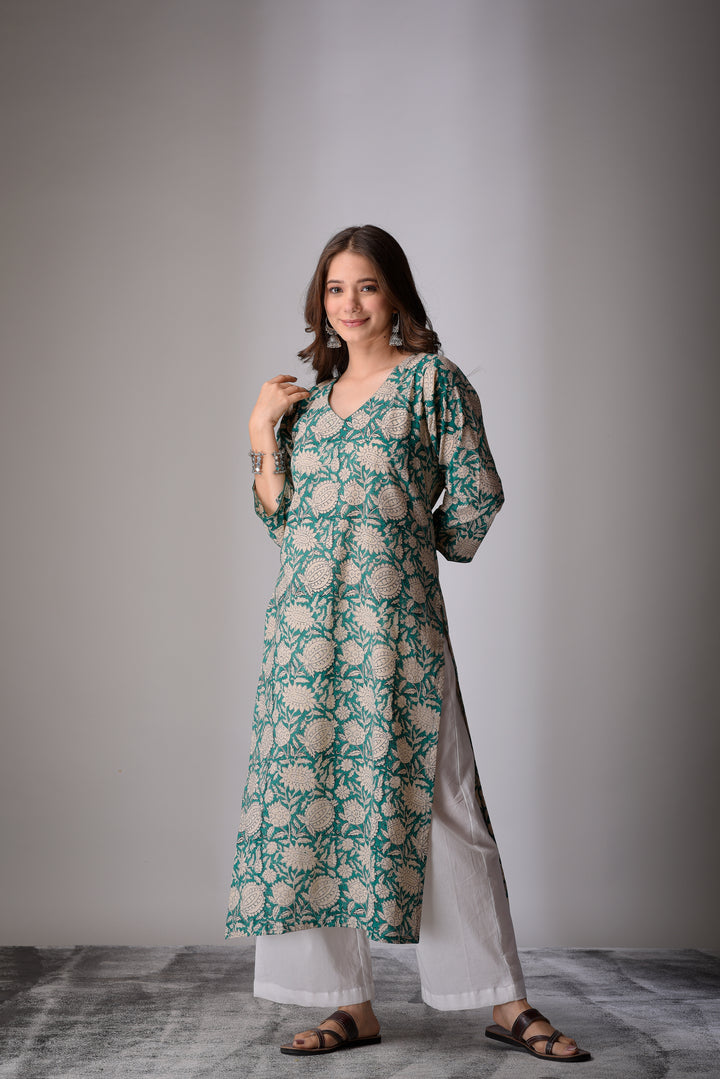 Combo - Grey Silver Straight & Sea Green Floral Kurta