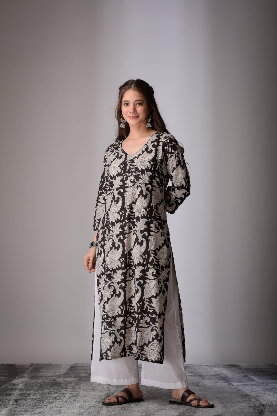 Combo - Black Handblock & White A-Line Kurta