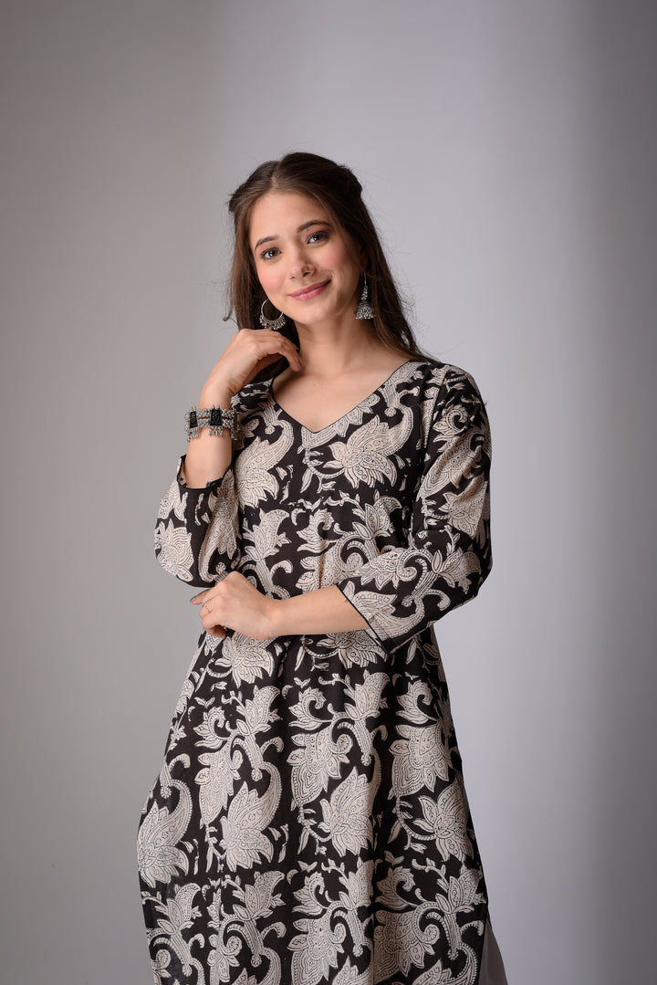 Combo - Black Handblock & White A-Line Kurta