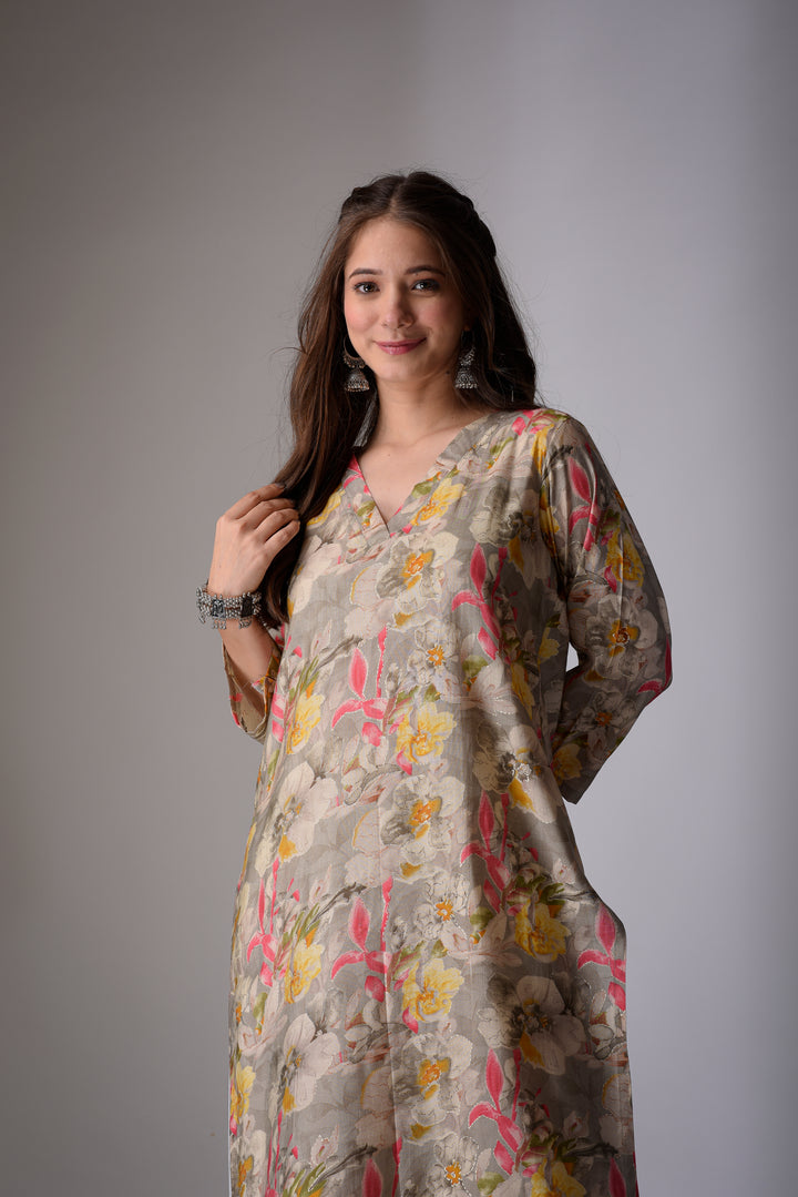 Combo - Grey Silver Straight & Sea Green Floral Kurta