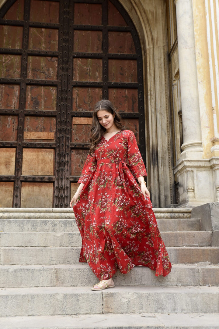Dreamy Red Floral Cotton Dress